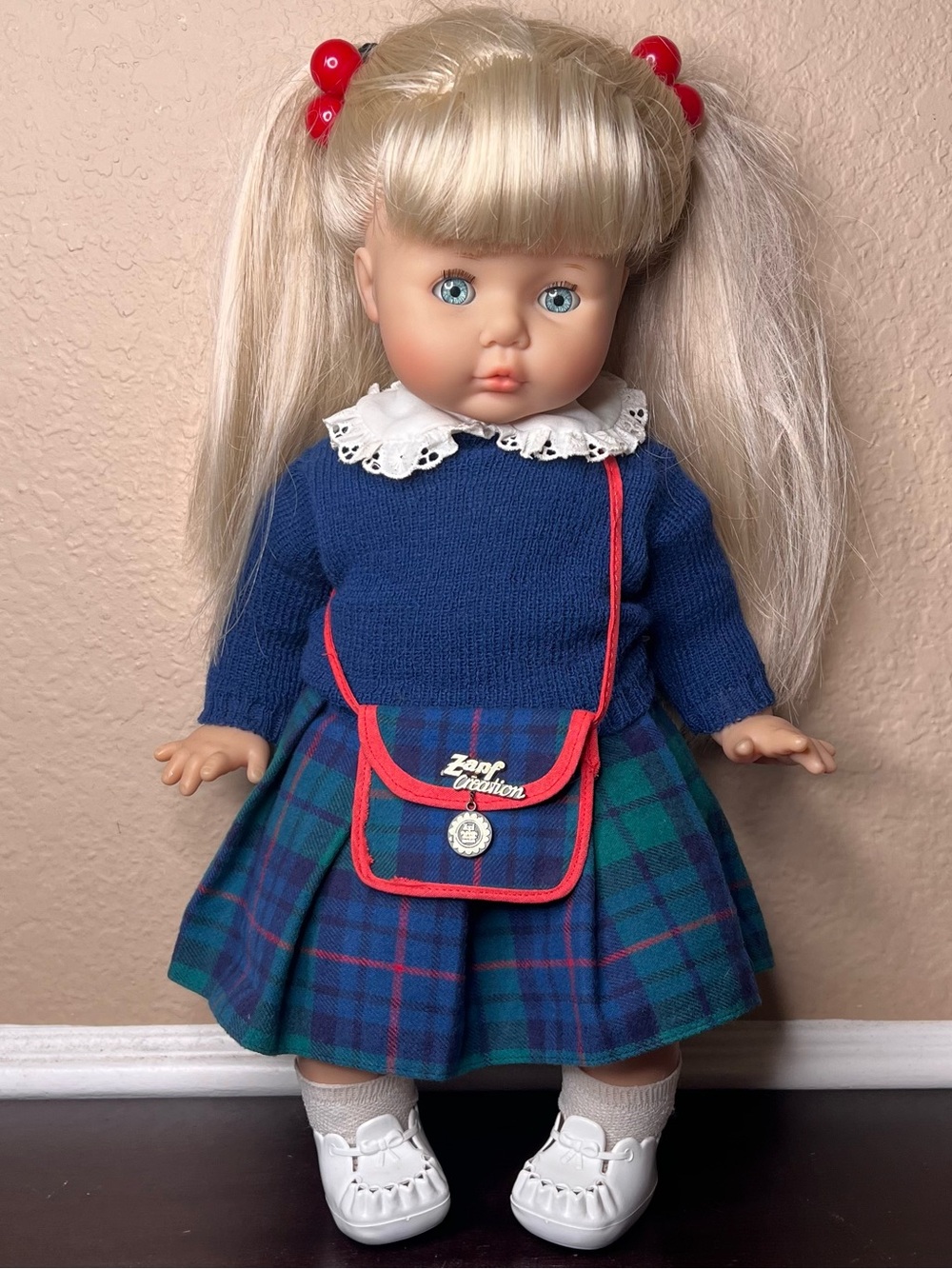 Vintage 1990s Zapf Creation Doll, 18” Blonde Blue Eyed Weichpuppen, School Days